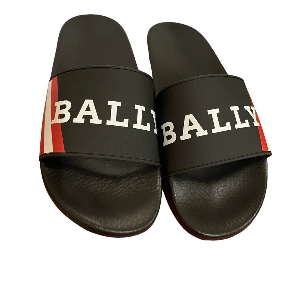 BALLY SIMON BLACK RUBBER LOGO SANDALS SLIDES SHOES -‎ MADE IN ITALY US 7